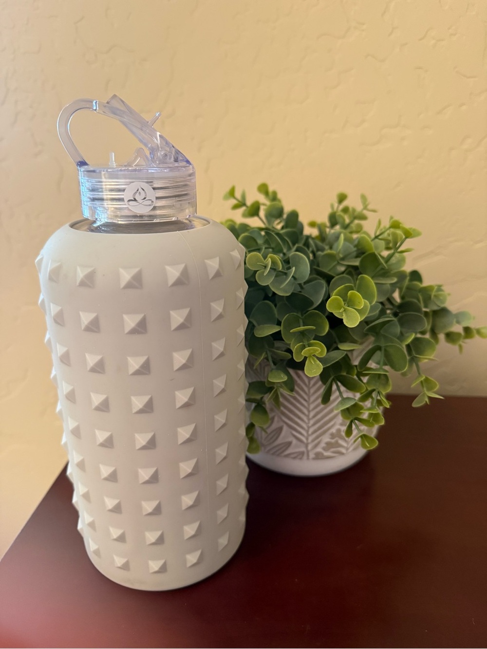 Apana Glass Water Bottle with Studded Silicone Cover and Flip-Up Straw - Gray